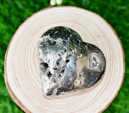 Polished Pyrite Druzy Heart Crystal, Puffy Mini 2 Inch Pocket Crystal Heart  DestGlow