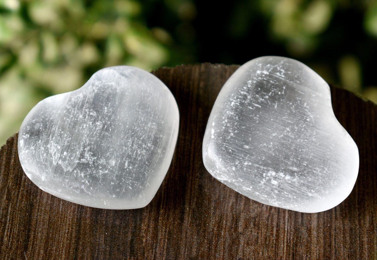 1.5" Selenite Puffy Heart Crystal, Natural Polished Small Pocket palm stone.  DestGlow
