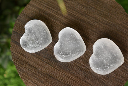 1.5" Selenite Puffy Heart Crystal, Natural Polished Small Pocket palm stone.  DestGlow
