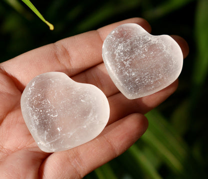 1.5" Selenite Puffy Heart Crystal, Natural Polished Small Pocket palm stone.  DestGlow