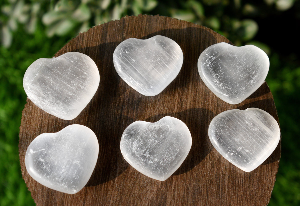 1.5" Selenite Puffy Heart Crystal, Natural Polished Small Pocket palm stone.  DestGlow