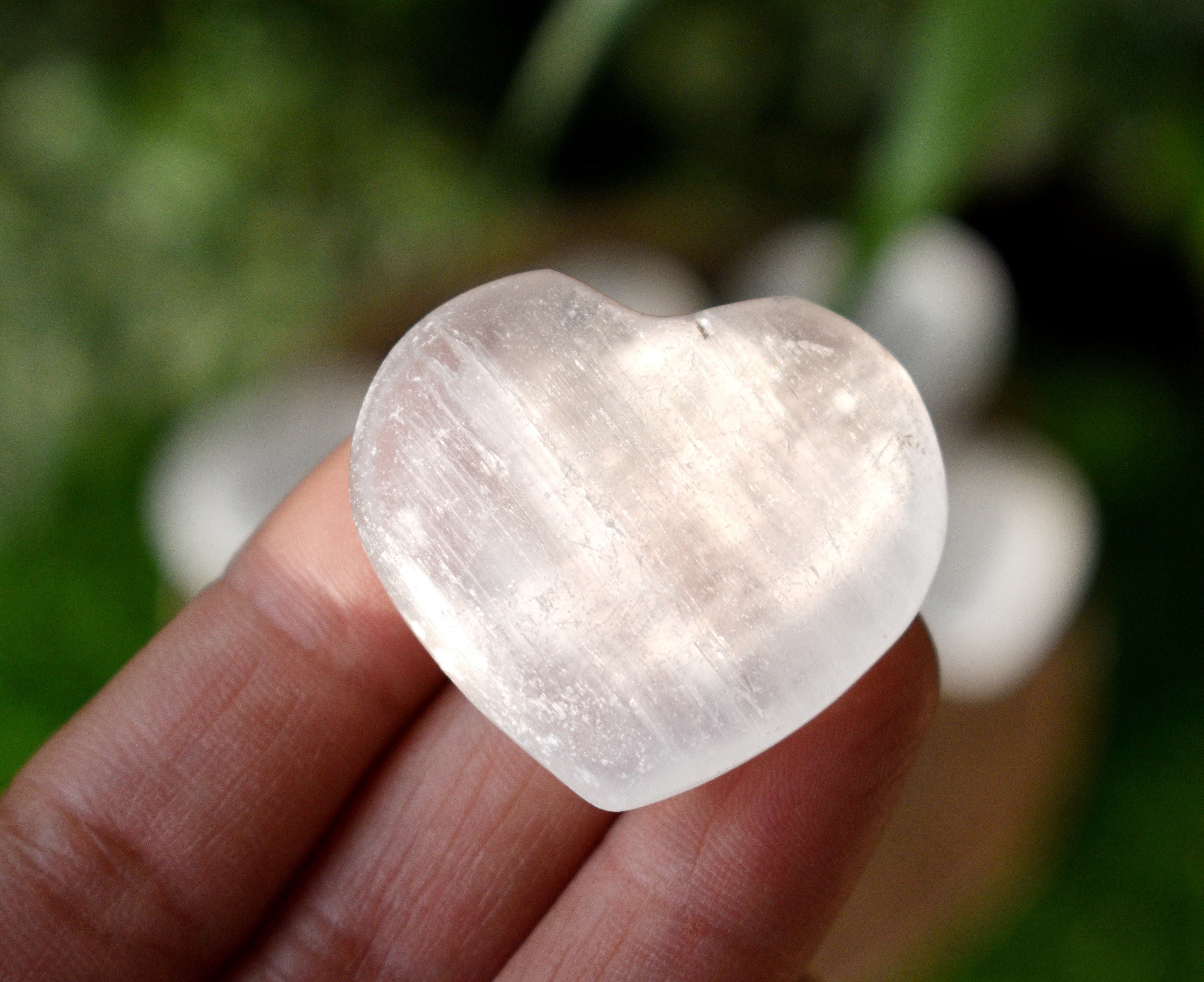 1.5" Selenite Puffy Heart Crystal, Natural Polished Small Pocket palm stone.  DestGlow