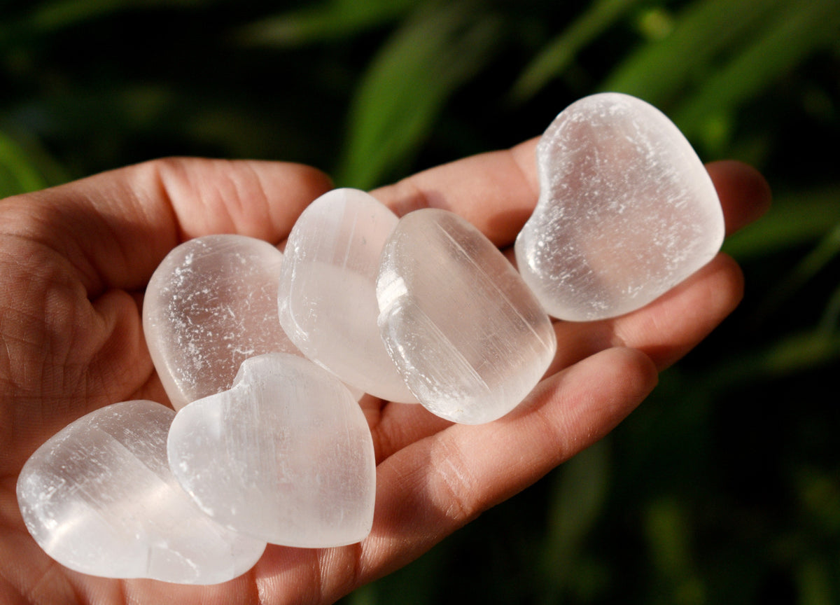 1.5" Selenite Puffy Heart Crystal, Natural Polished Small Pocket palm stone.  DestGlow