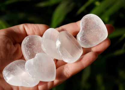 1.5" Selenite Puffy Heart Crystal, Natural Polished Small Pocket palm stone.  DestGlow