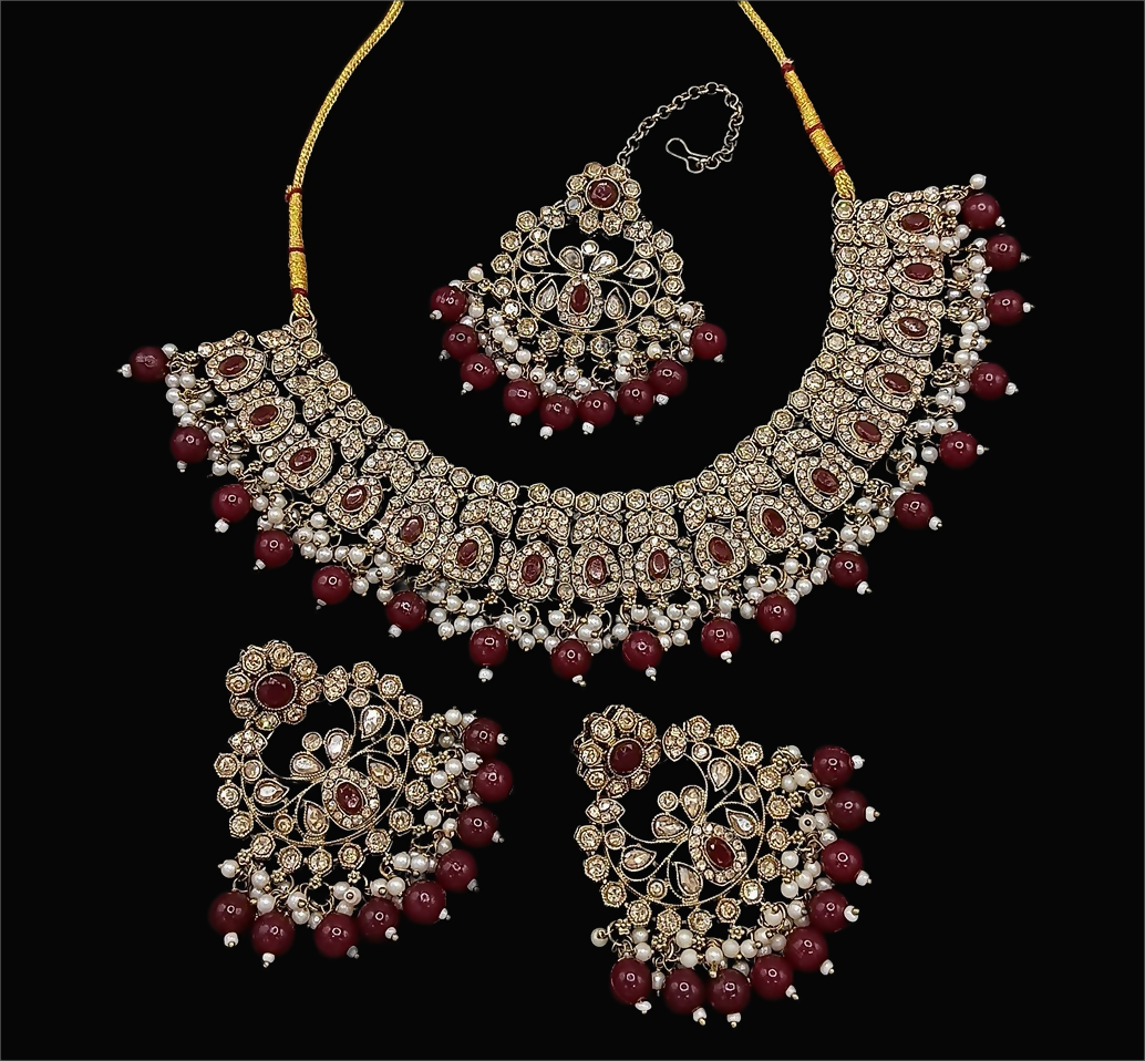 Joban Fashion Maroon Stone Work Necklace Set