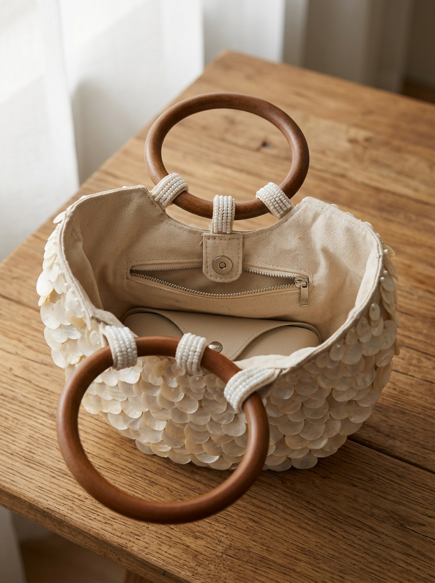 Handmade Shell Handbag Pearl Shell Tote Bag with Wooden Handle by LINTICO