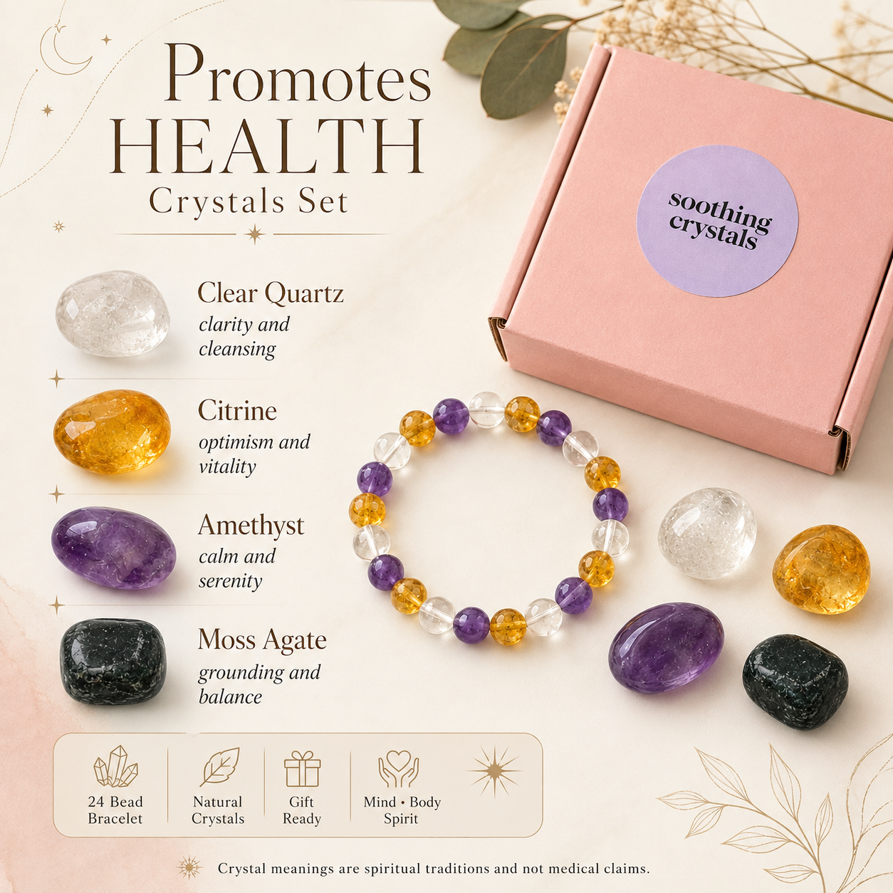 Promotes HEALTH Crystal Kit, Gemstone Tumble Kit, Health Crystal Gift Set