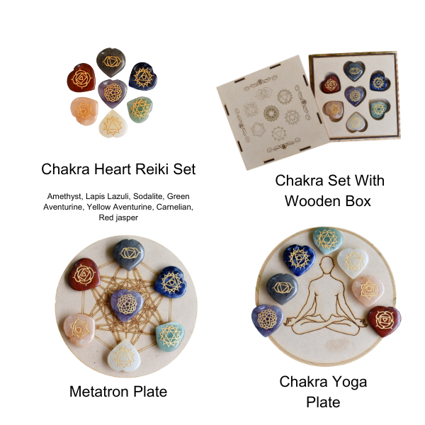 Chakra Crystals Set, Heart Shaped Reiki 7 Chakra Stones Set, Wooden Grid Plate, Selenite Log  DestGlow