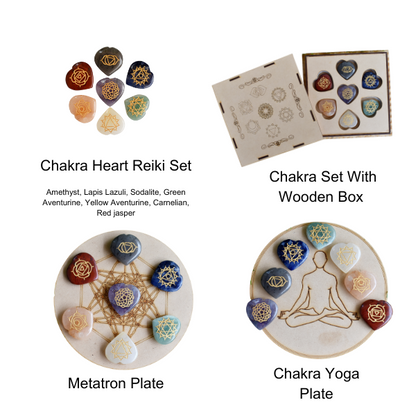 Chakra Crystals Set, Heart Shaped Reiki 7 Chakra Stones Set, Wooden Grid Plate, Selenite Log  DestGlow