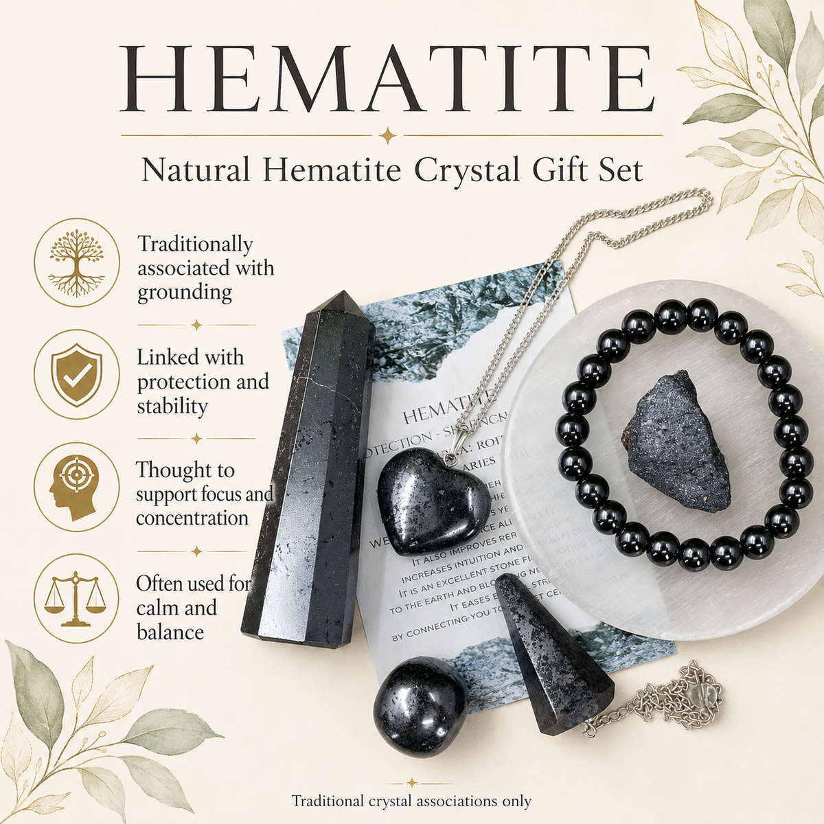 Hematite Crystal Gift Set For Emotional Support and Protection, Real Polished Gemstones.  DestGlow