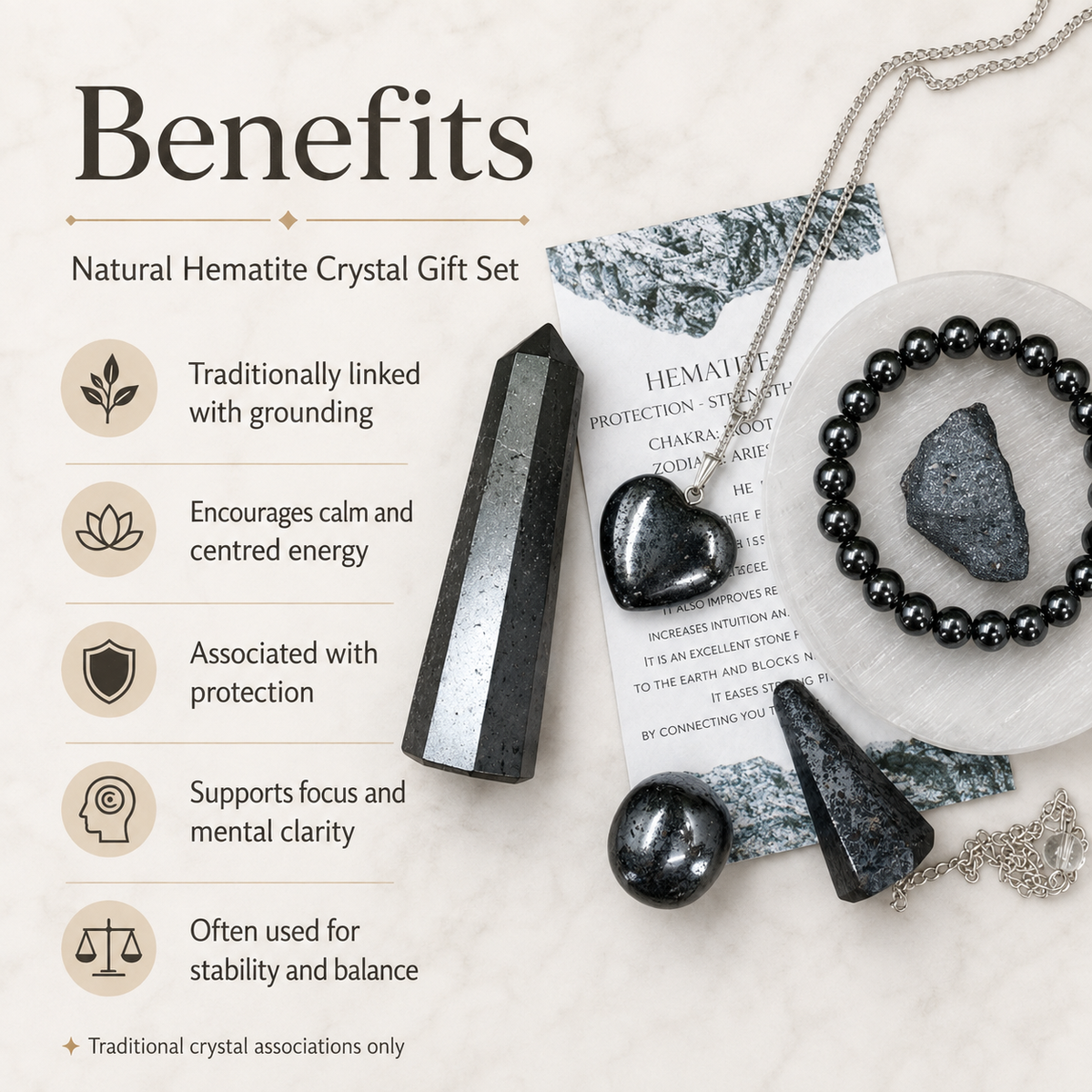 Hematite Crystal Gift Set For Emotional Support and Protection, Real Polished Gemstones.  DestGlow