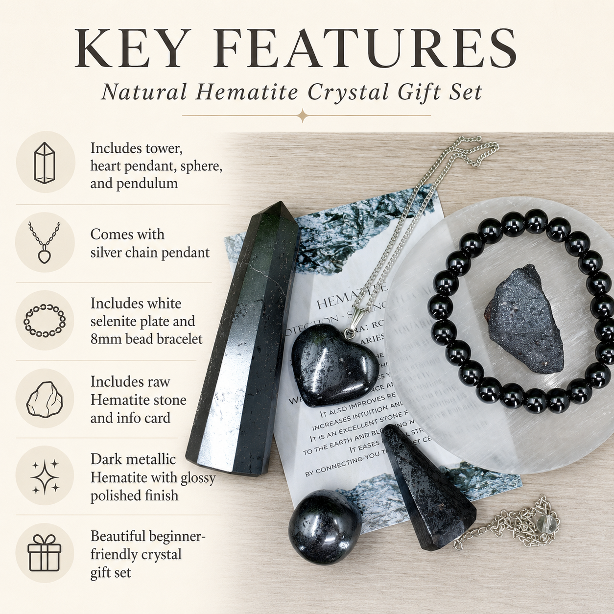 Hematite Crystal Gift Set For Emotional Support and Protection, Real Polished Gemstones.  DestGlow