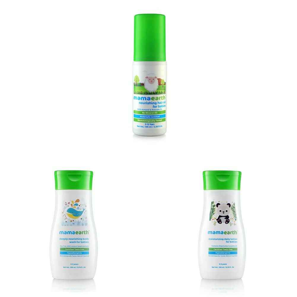 Mamaearth Daily Moisturizing Lotion &amp; Deeply Nourishing Wash &amp; Nourishing Hair Oil for Babies