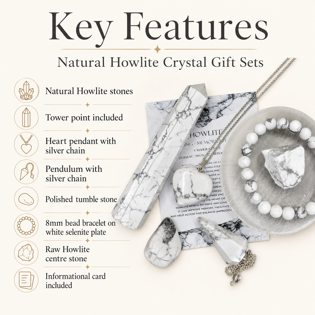 Howlite Crystal Gift Set For Emotional Support and Protection, Real Polished Gemstones.  DestGlow
