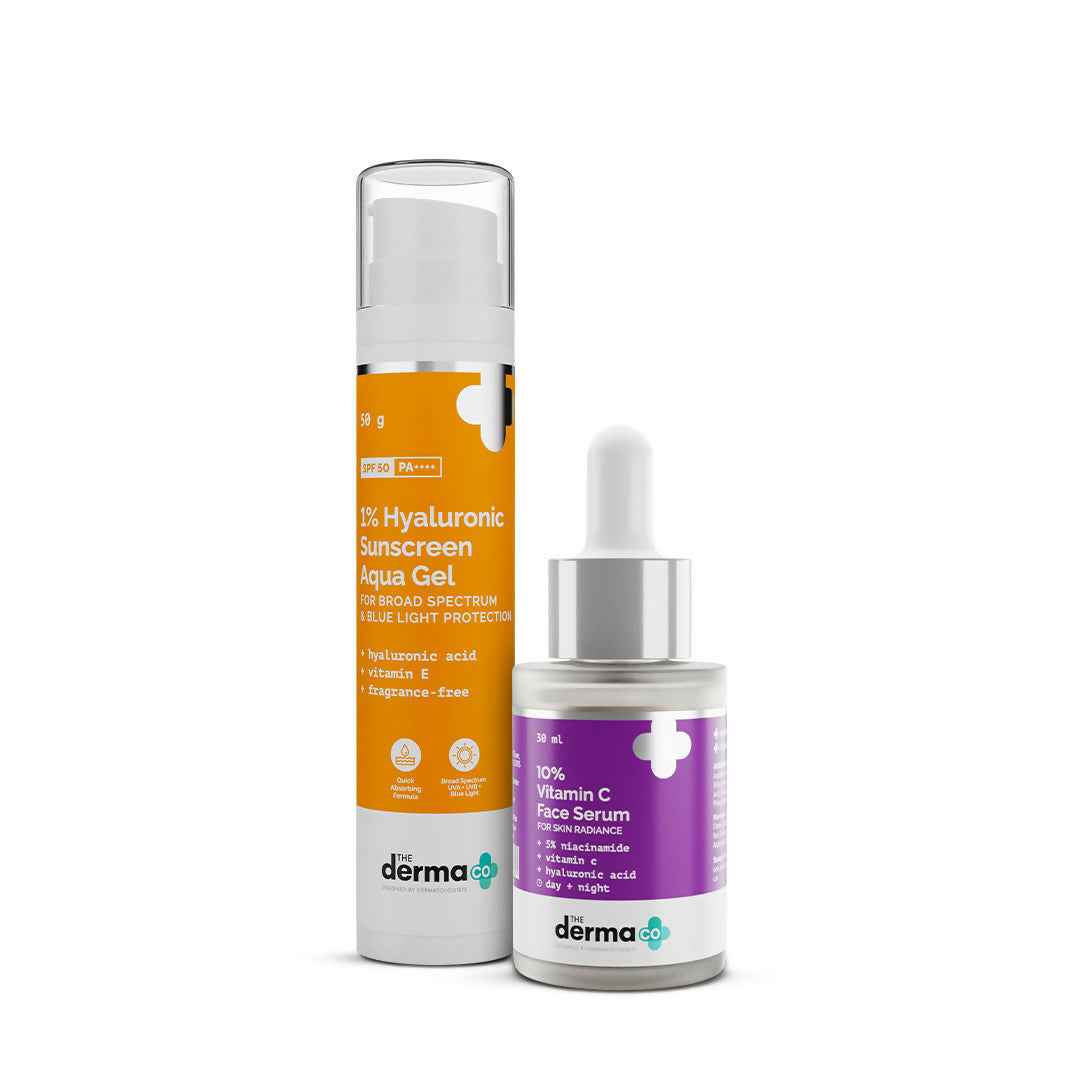 The Derma Co Radiance Combo - 10% Vitamin C Serum &amp; 1% Hyaluronic Sunscreen Gel SPF 50 PA++++