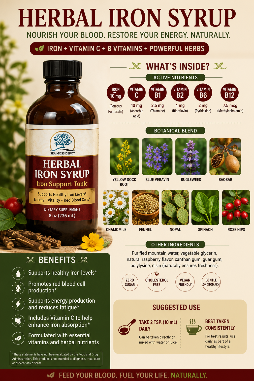 Herbal Iron Liquid Supplement | Natural Vegan Iron Boost for Energy, Vitality &amp; Wellness  DestGlow