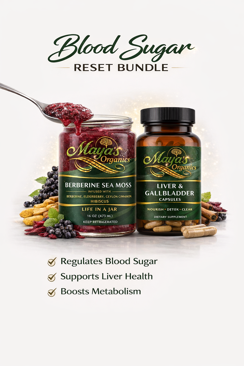 Blood Sugar Reset Bundle - Berberine Sea Moss Gel 16oz + Liver &amp; Gallbladder Cleanse Detox Capsules (60 Caps) by Seamoss depot