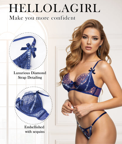 Midnight Sapphire Sparkle Lace Lingerie Set