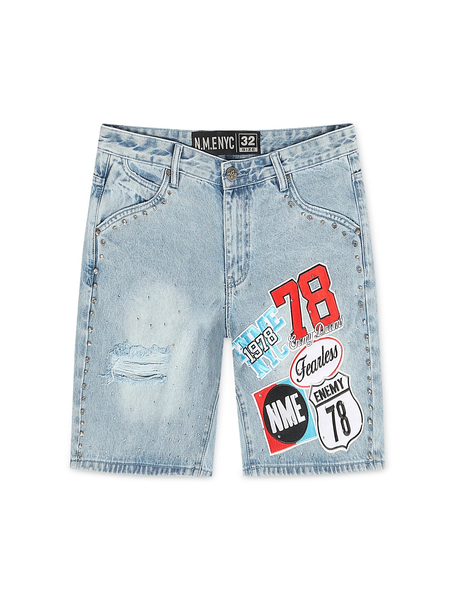 N.M.E NYC Highway 78 Stud Denim Shorts - Blue Wash by Denim Exchange