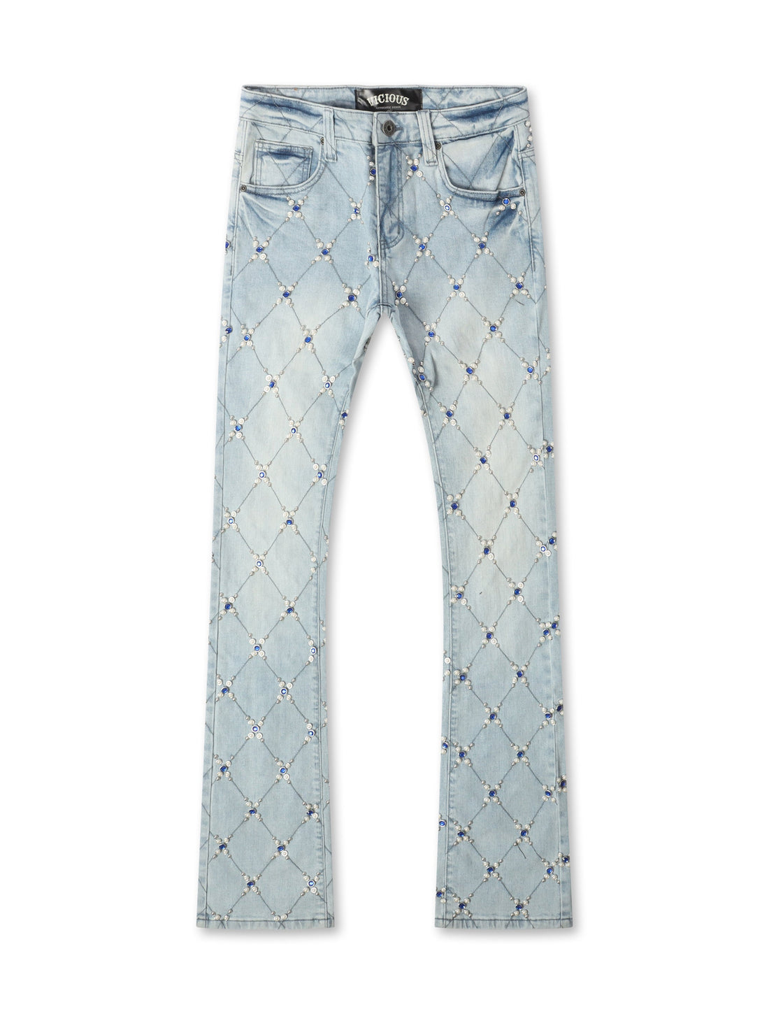 Vicious Denim Diamond Rhinestone Stacked Jeans - Light Blue by Denim Exchange