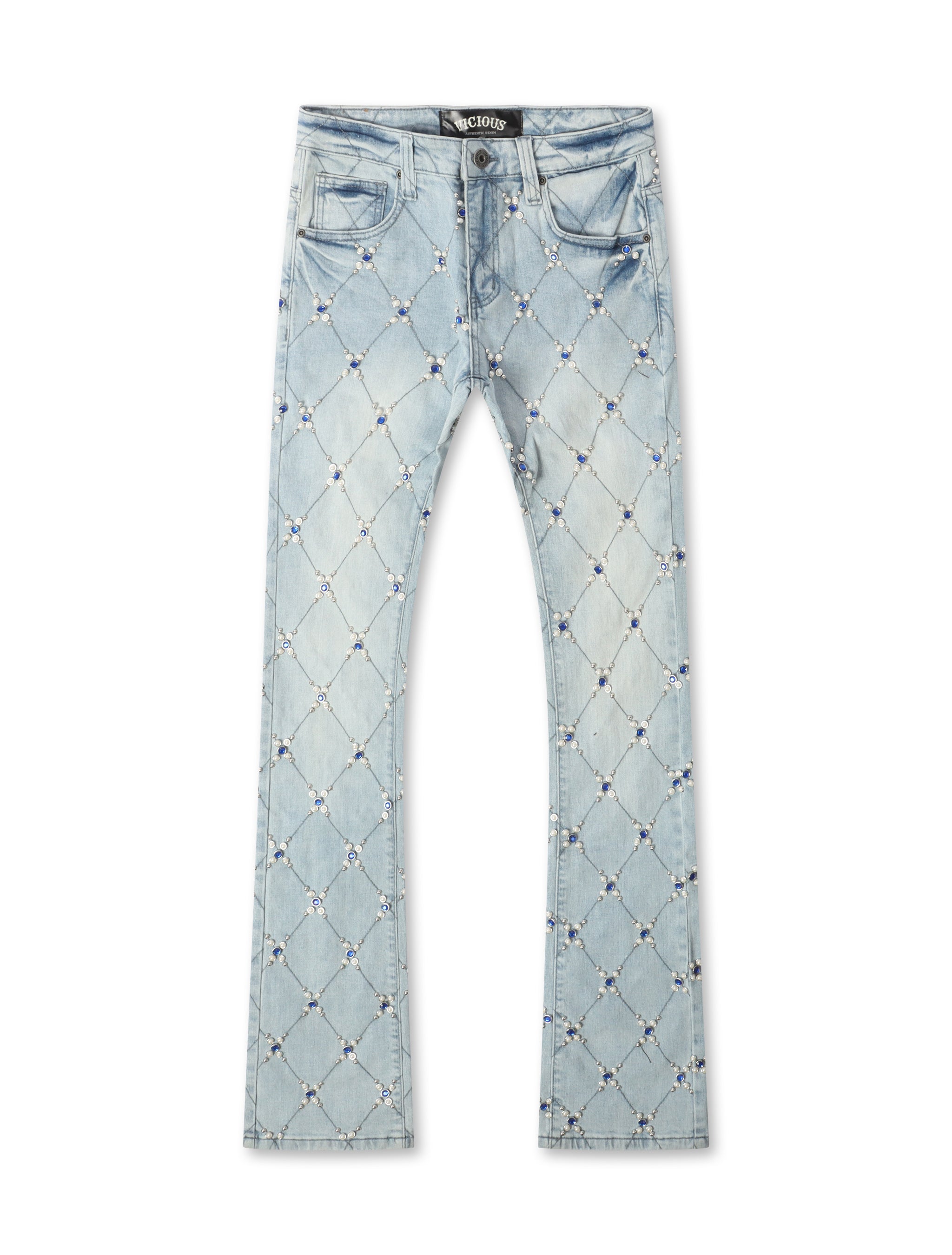 Vicious Denim Diamond Rhinestone Stacked Jeans - Light Blue by Denim Exchange