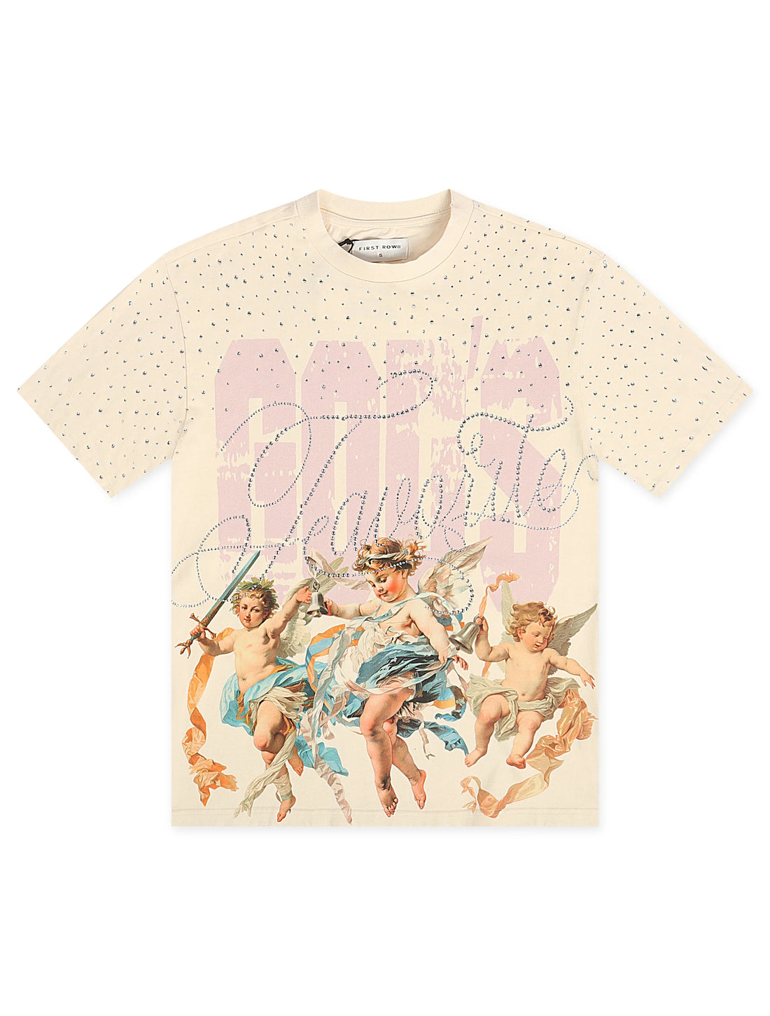 First Row Cropped Washed Rhinestone Tee - Cream by Denim Exchange