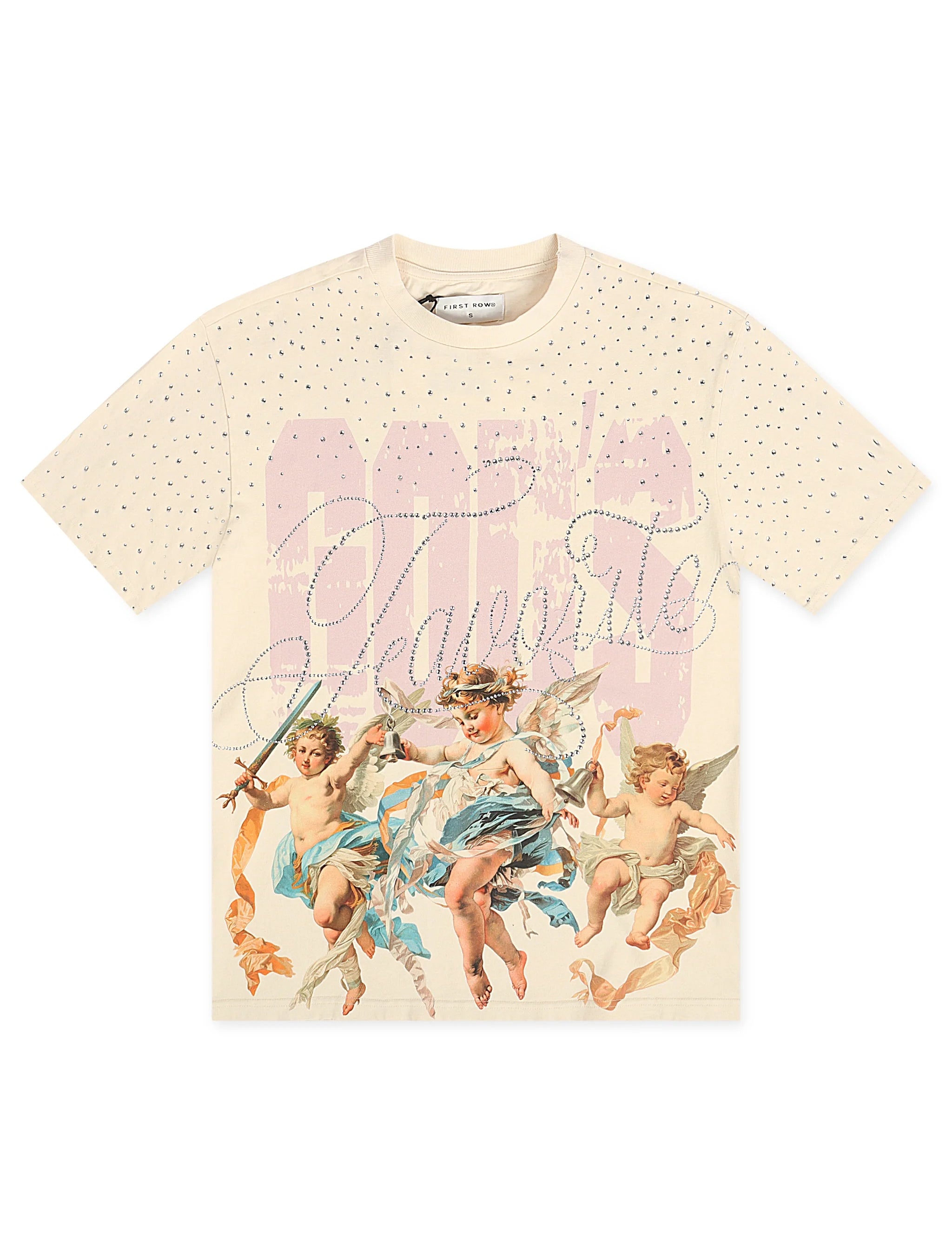 First Row Cropped Washed Rhinestone Tee - Cream by Denim Exchange