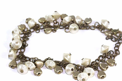 Golden Hearts & Shells Charm Bracelet - Mother of Pearl Antique Gold 7.5"
