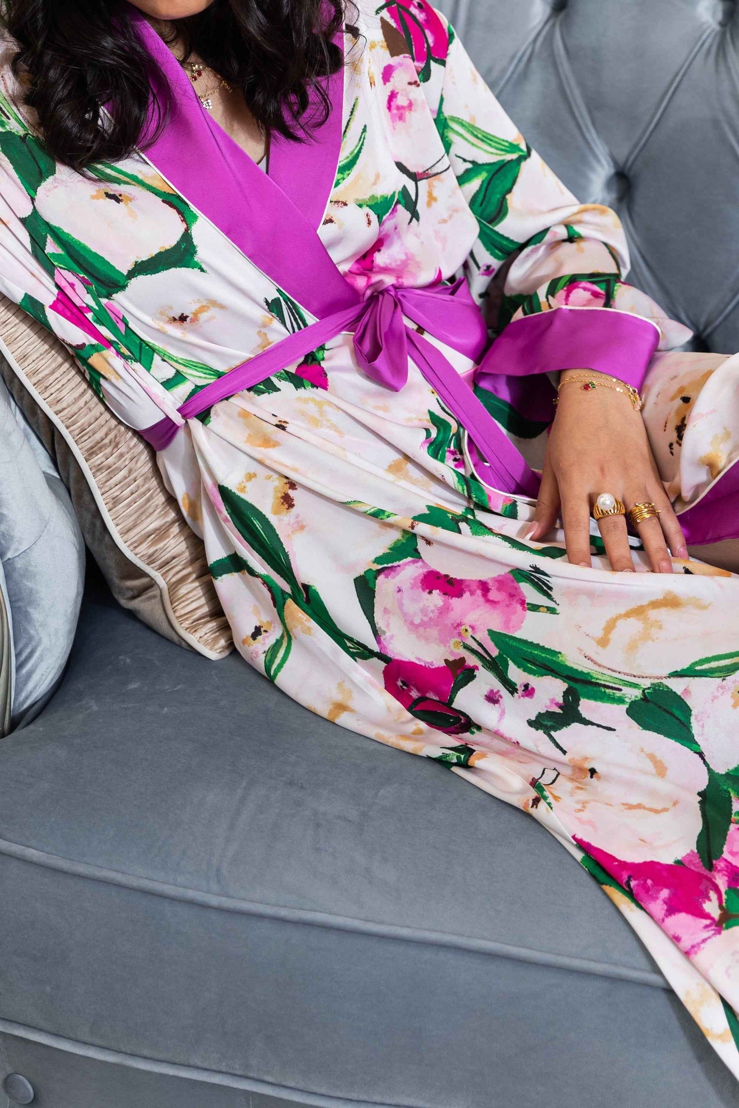 Pink Flower Print Purple Silky Satin Robe With Belt