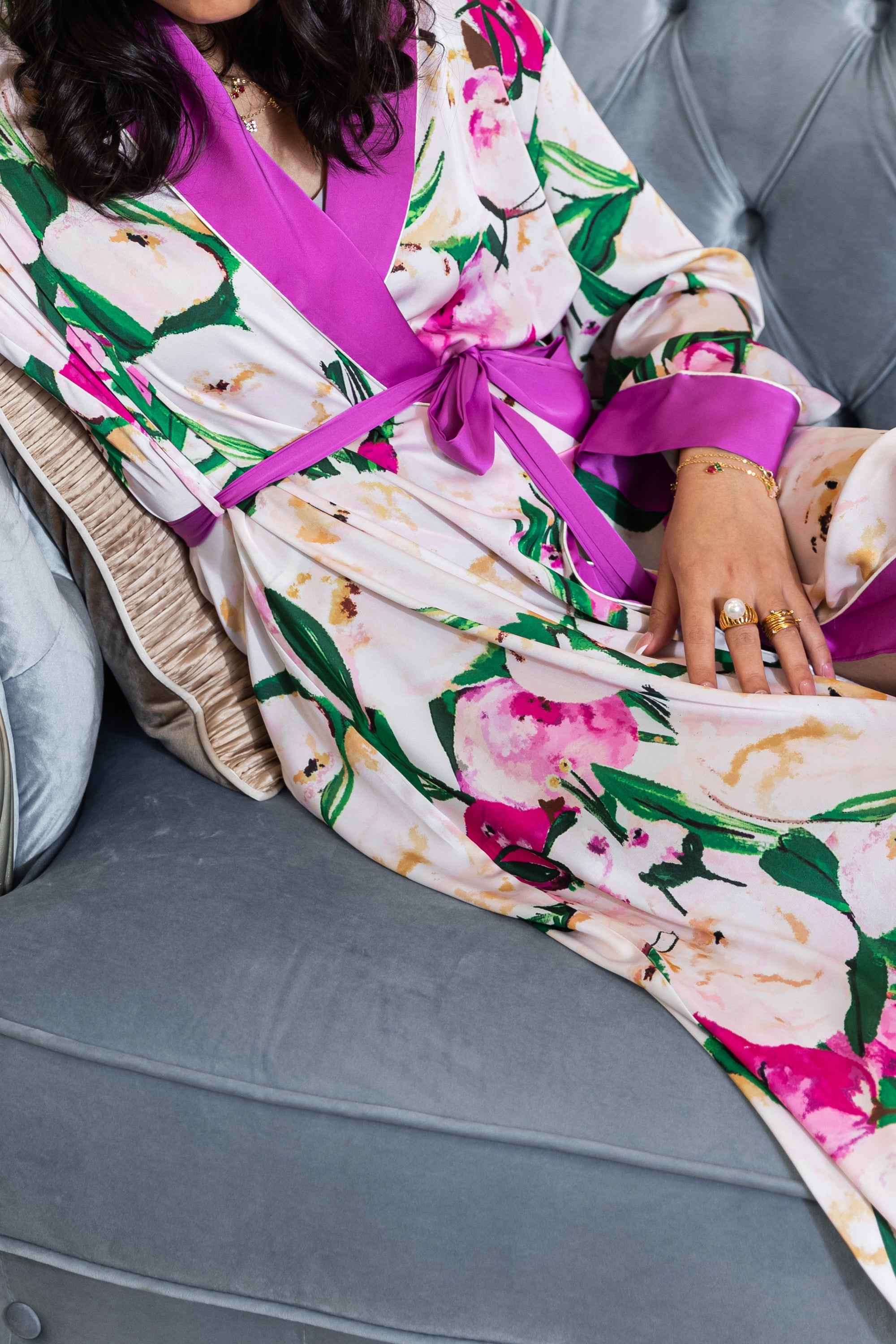 Pink Flower Print Purple Silky Satin Robe With Belt