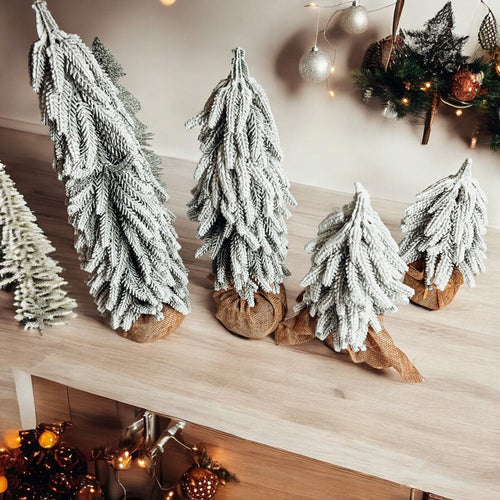 Snow Covered Christmas Trees - Set of 4 Realistic Faux Trees with Jute Base