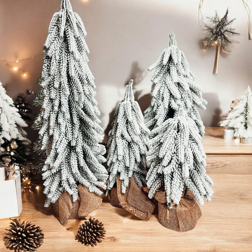 Snow Covered Christmas Trees - Set of 4 Realistic Faux Trees with Jute Base