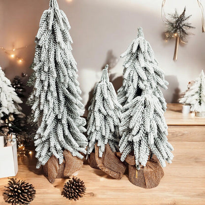 Snow Covered Christmas Trees - Set of 4 Realistic Faux Trees with Jute Base