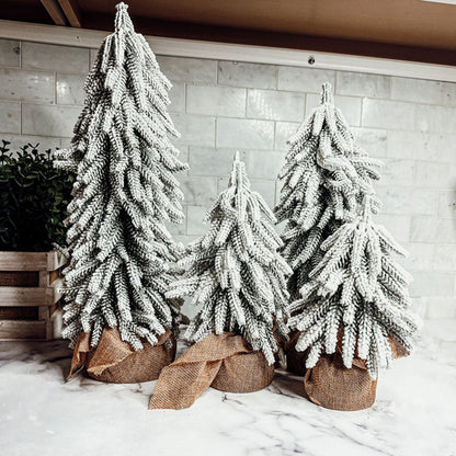 Snow Covered Christmas Trees - Set of 4 Realistic Faux Trees with Jute Base
