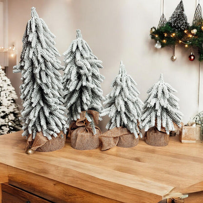 Snow Covered Christmas Trees - Set of 4 Realistic Faux Trees with Jute Base
