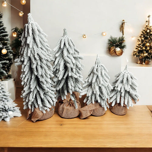 Snow Covered Christmas Trees - Set of 4 Realistic Faux Trees with Jute Base