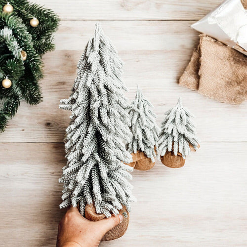 Snow Covered Christmas Trees - Set of 4 Realistic Faux Trees with Jute Base