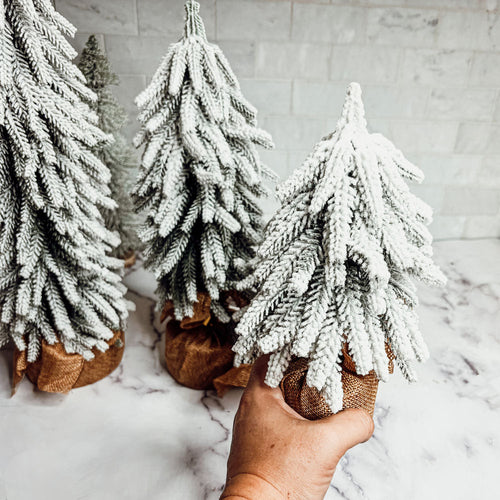 Snow Covered Christmas Trees - Set of 4 Realistic Faux Trees with Jute Base