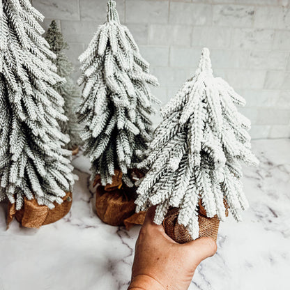 Snow Covered Christmas Trees - Set of 4 Realistic Faux Trees with Jute Base