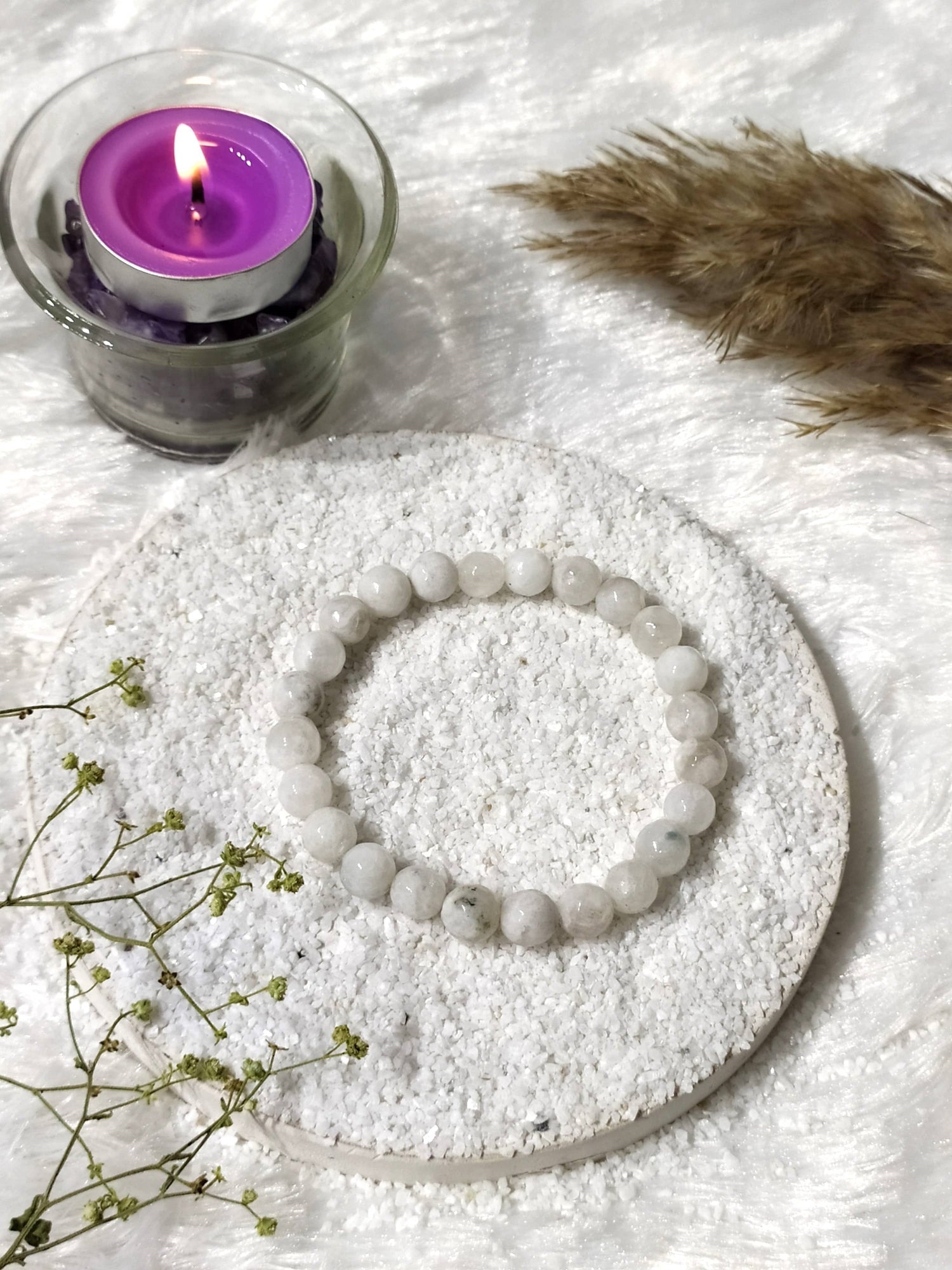 Faceted Beads White Rainbow Moonstone Crystal Bracelet.  DestGlow