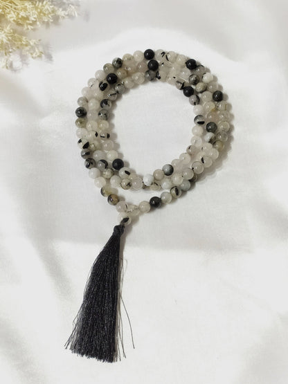 Black Rutile Gemstone Mala, 108 Prayer Bead Mala  DestGlow