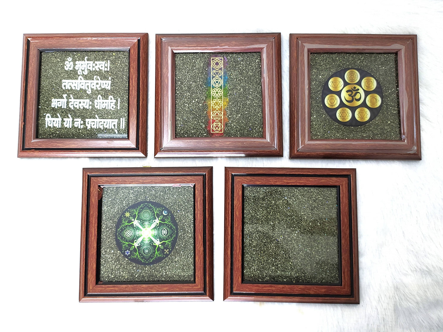 Pyrite Frame, Pyrite with Gayatri Mantra Dust Plate.  DestGlow