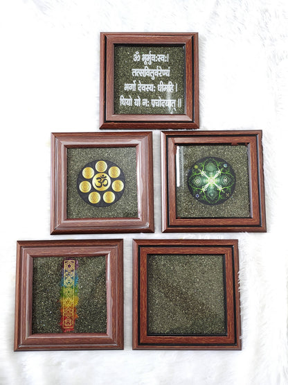 Pyrite Frame, Pyrite with Gayatri Mantra Dust Plate.  DestGlow
