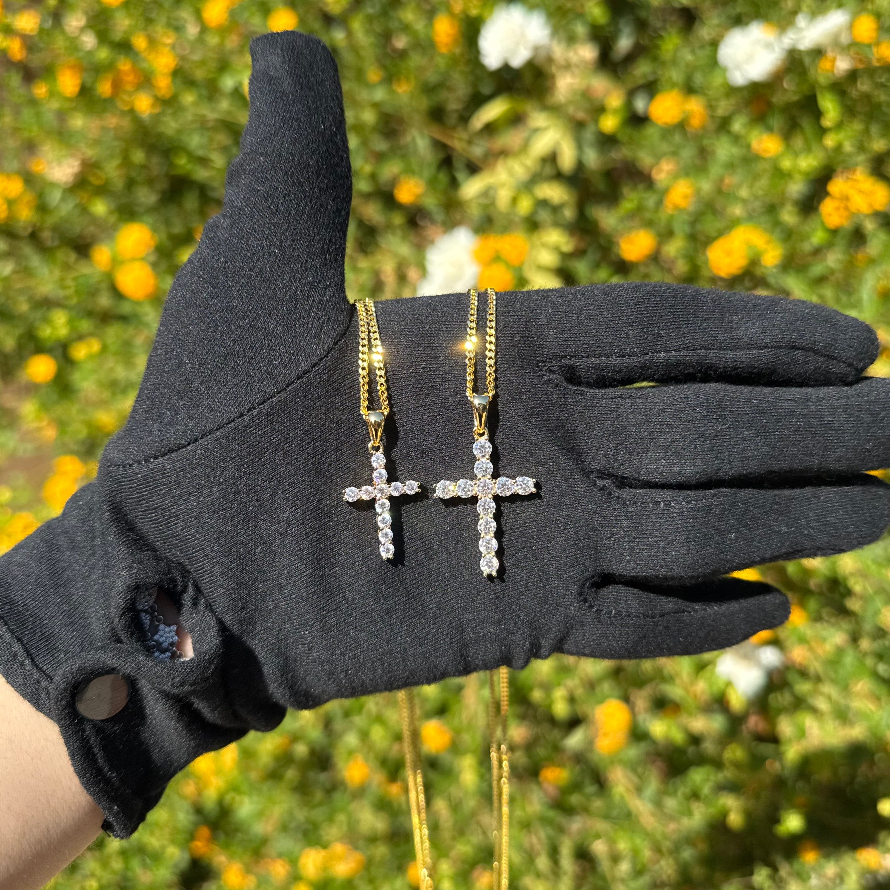 Moissanite Cross Pendant with Necklace in Yellow Gold - DestGlow