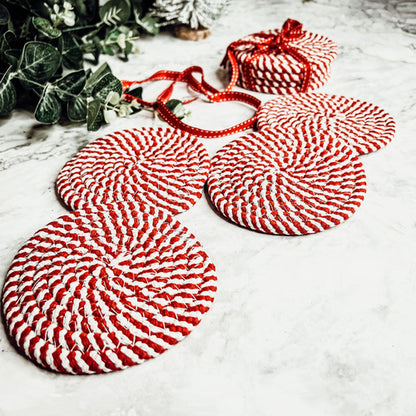 Braided Cotton Coasters 4-Pack - Candy Cane Stripe Pattern (Black, Red or Blue)