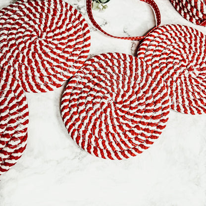 Braided Cotton Coasters 4-Pack - Candy Cane Stripe Pattern (Black, Red or Blue)