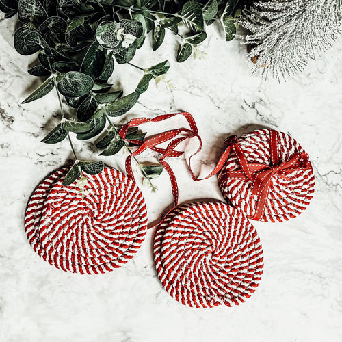 Braided Cotton Coasters 4-Pack - Candy Cane Stripe Pattern (Black, Red or Blue)