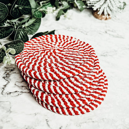 Braided Cotton Coasters 4-Pack - Candy Cane Stripe Pattern (Black, Red or Blue)