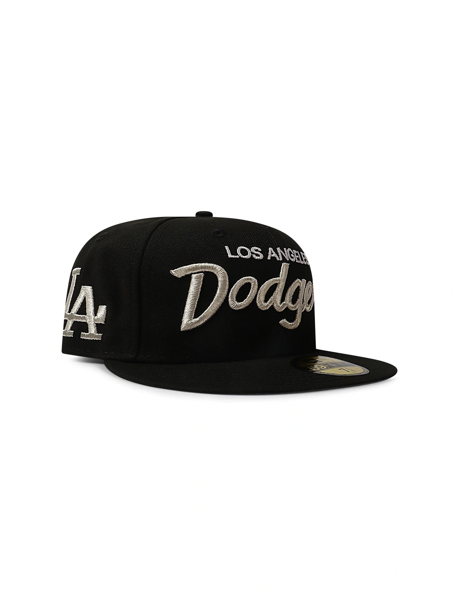 New Era 5950 Dodgers Side LA Metallic Script Hat - Black/Silver by Denim Exchange