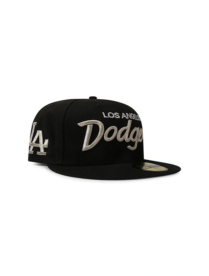 New Era 5950 Dodgers Side LA Metallic Script Hat - Black/Silver by Denim Exchange